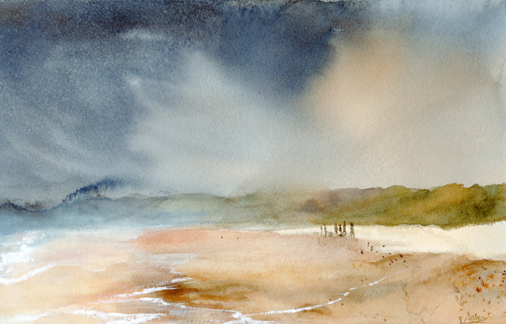A warm-sand beach under a dark blue storm sky lit by warm light, distant figures walking — watercolour by Claudia Fernandez